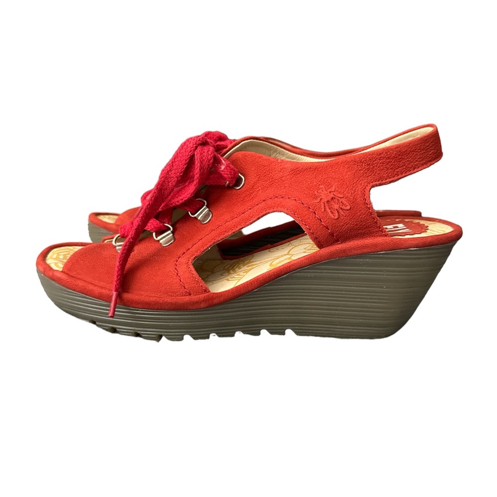 Fly London Ylfa Womens 39 Lace Up Sandals Wedge Platform Slingback Red Leather